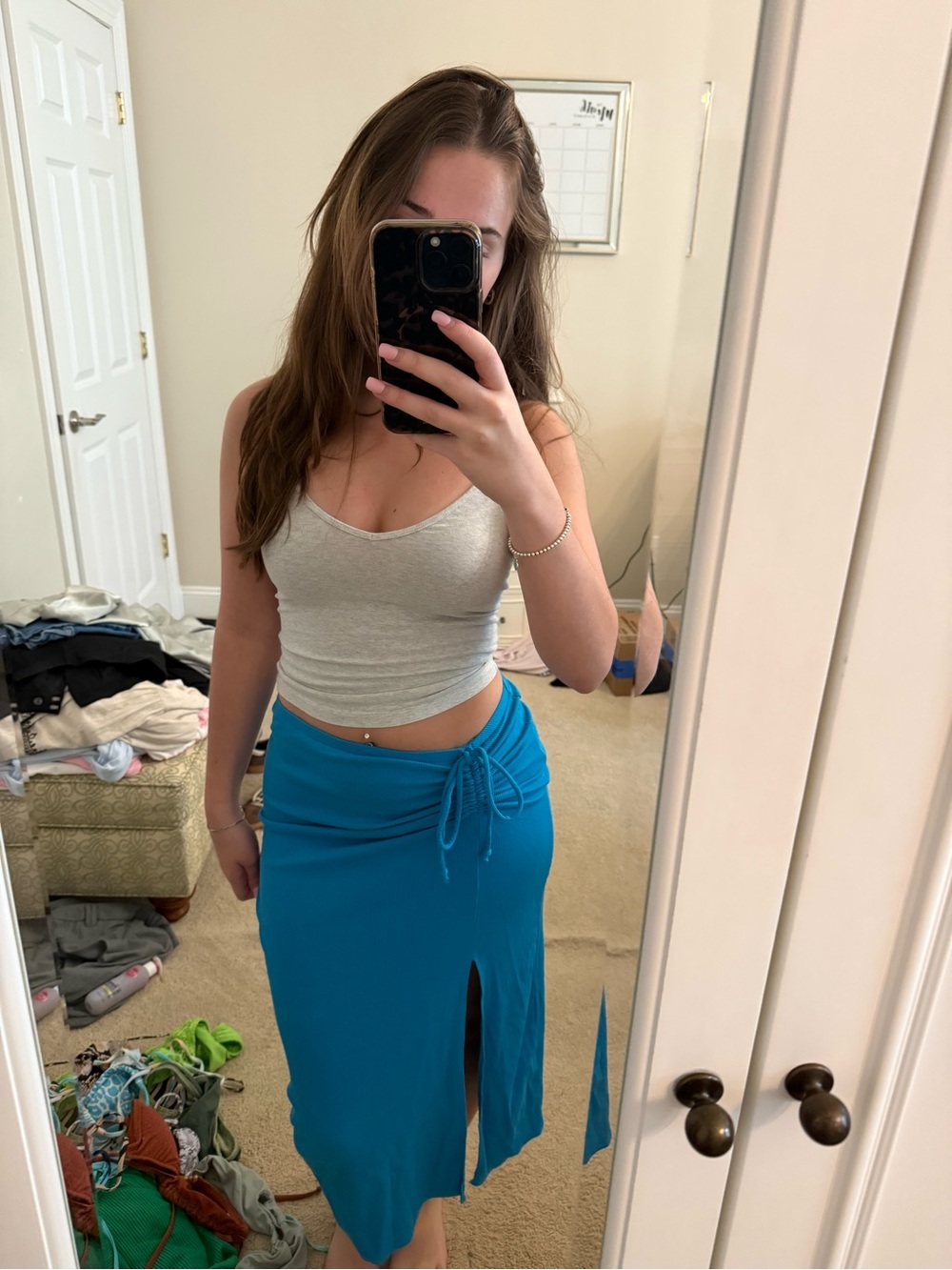 aerie Teal Tie-Detail Midi Skirt